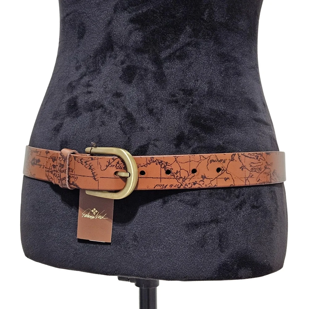 Patricia Nash Belt Brown Leather Vietri Map Gold Tone Buckle Boho